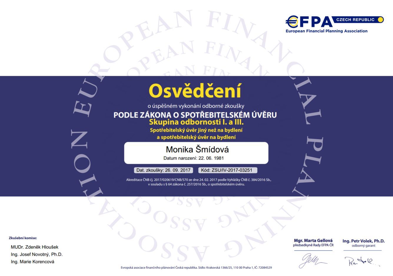 certifikát EFPA