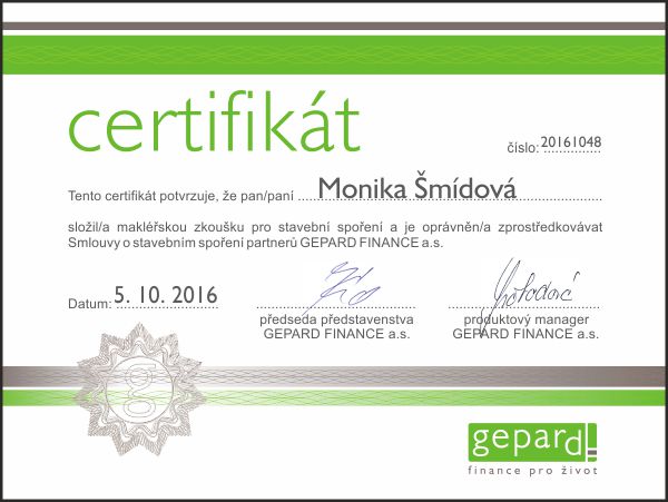 certifikát makléře - stavební spoření